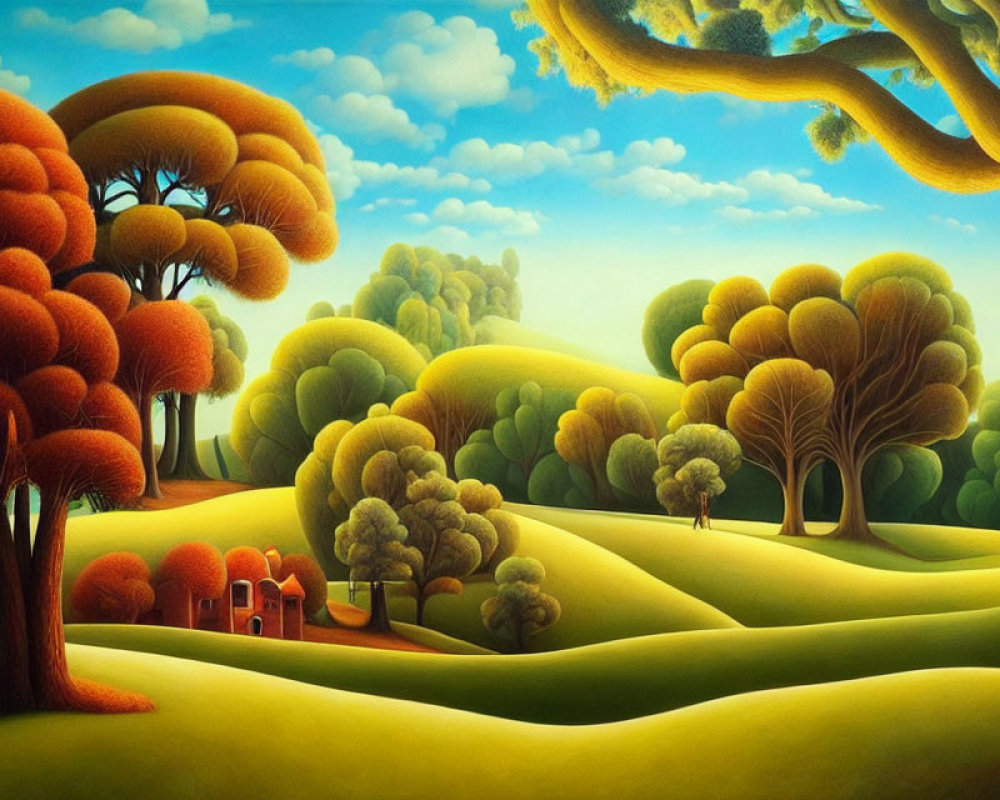 Whimsical landscape painting with green hills, orange trees, house, and figure.