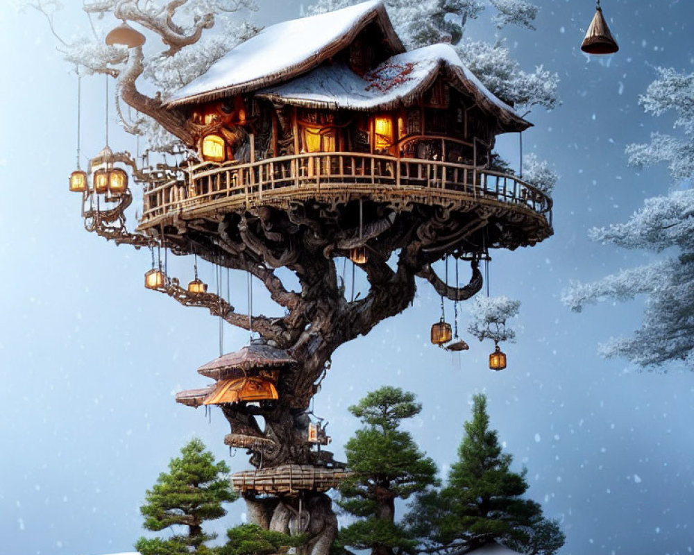 Snow-covered treehouse with warm lights and hanging lanterns in wintry sky