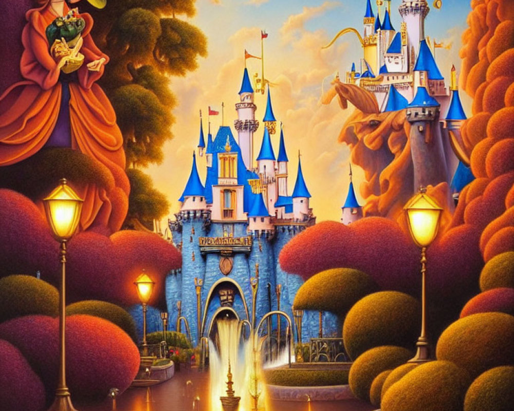 Colorful Twilight Fairy Tale Castle Illustration with Topiaries and Fountain