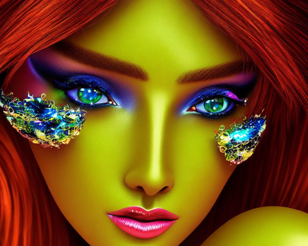 Colorful digital artwork: Woman with green eyes and intricate eye makeup on fiery red hair backdrop.
