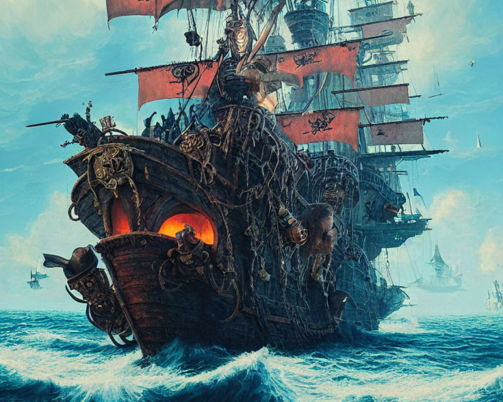 Fantastical pirate ship with black sails and ornate carvings at sea