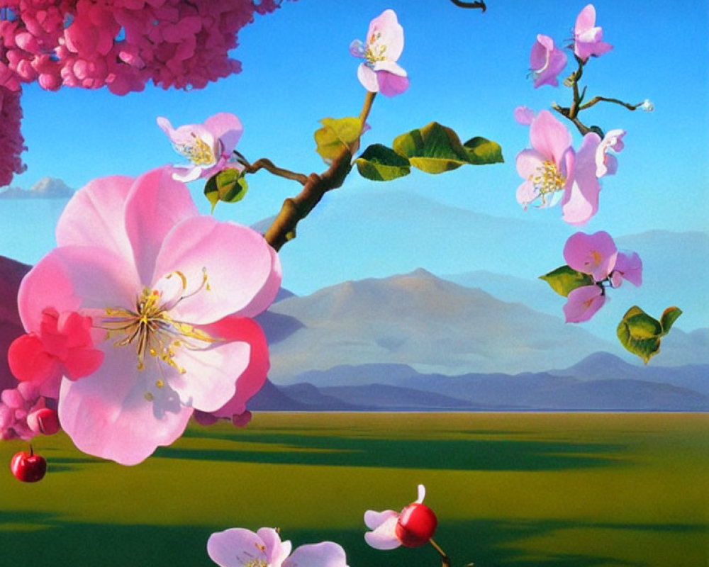 Colorful painting: Pink blossoms, green fields, blue mountains