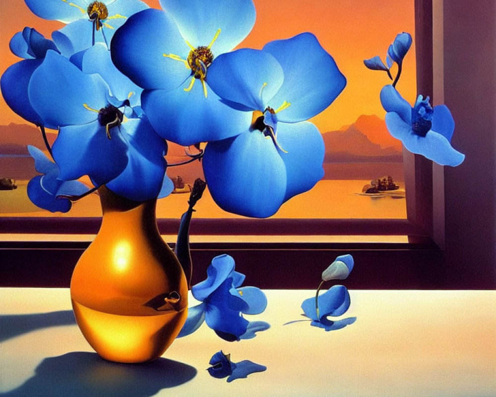 Vibrant blue flowers in golden vase with sunset sea backdrop.