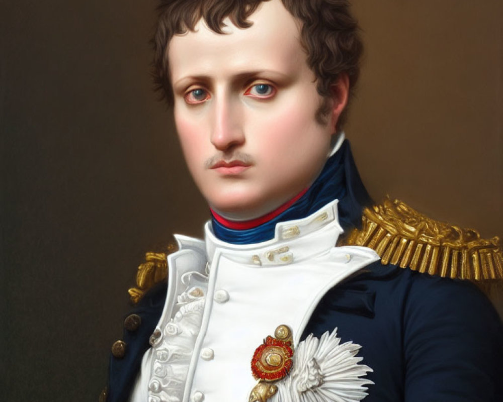 Portrait of man with fair skin, blue eyes, short curly hair, in white uniform with blue details