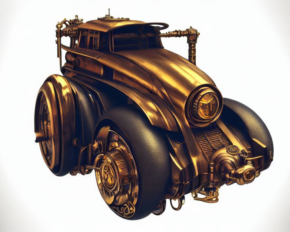 Steampunk-inspired retro-futuristic vehicle with brass pipes and metallic finish