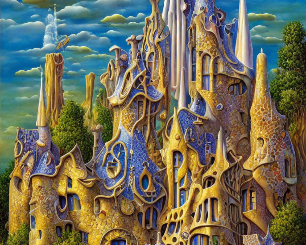 Fantastical surreal building with organic shapes and golden hues
