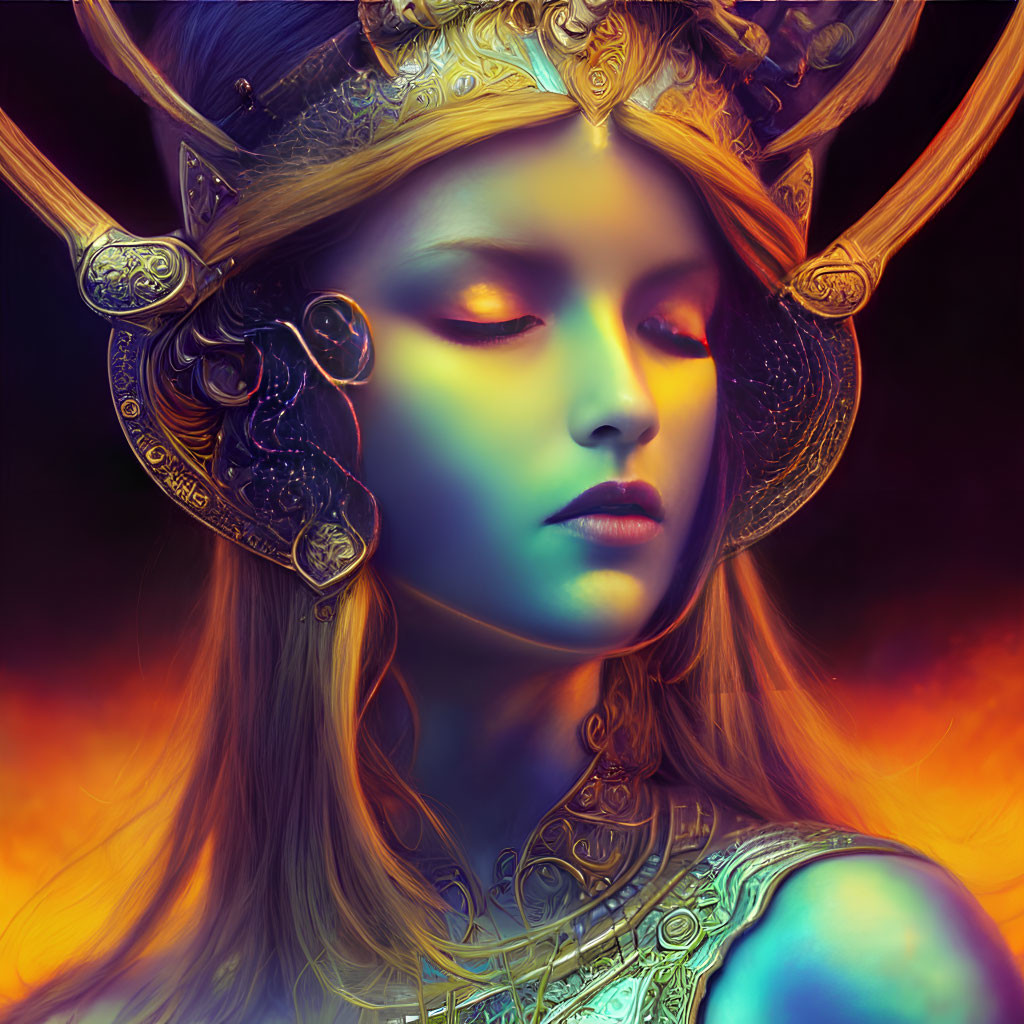 Fantasy portrait of woman with glowing eyes and ornate horned headdress