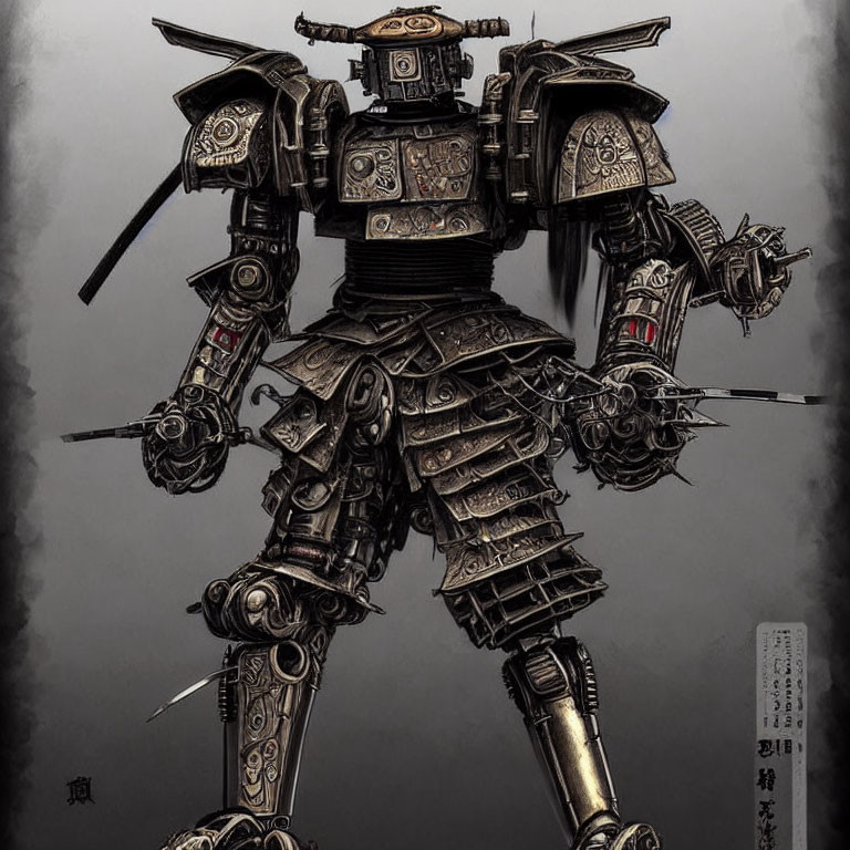 Detailed Samurai Robot Drawing with Intricate Armor and Mechanical Design