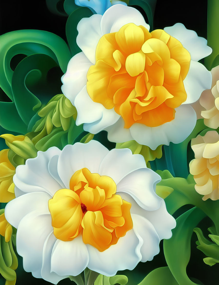 Detailed yellow and white flowers painting with lush greenery in hyper-realistic style