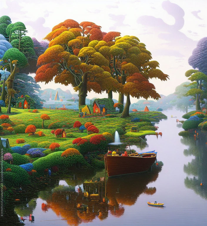 Colorful oversized trees, small houses, and boats in serene landscape