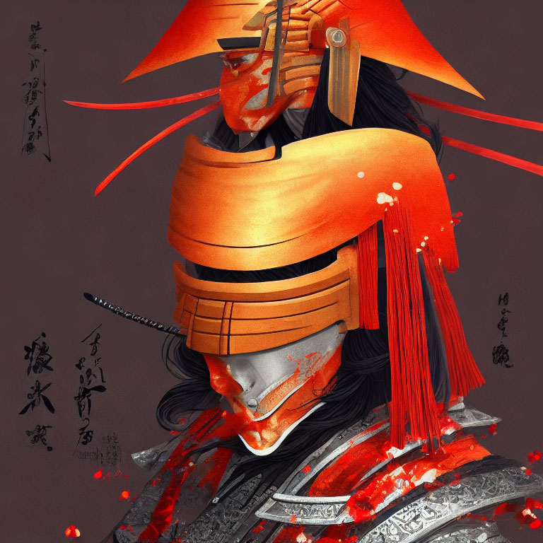 Illustrated Samurai in Red Armor with Kabuto Helmet in Dramatic Artistic Style