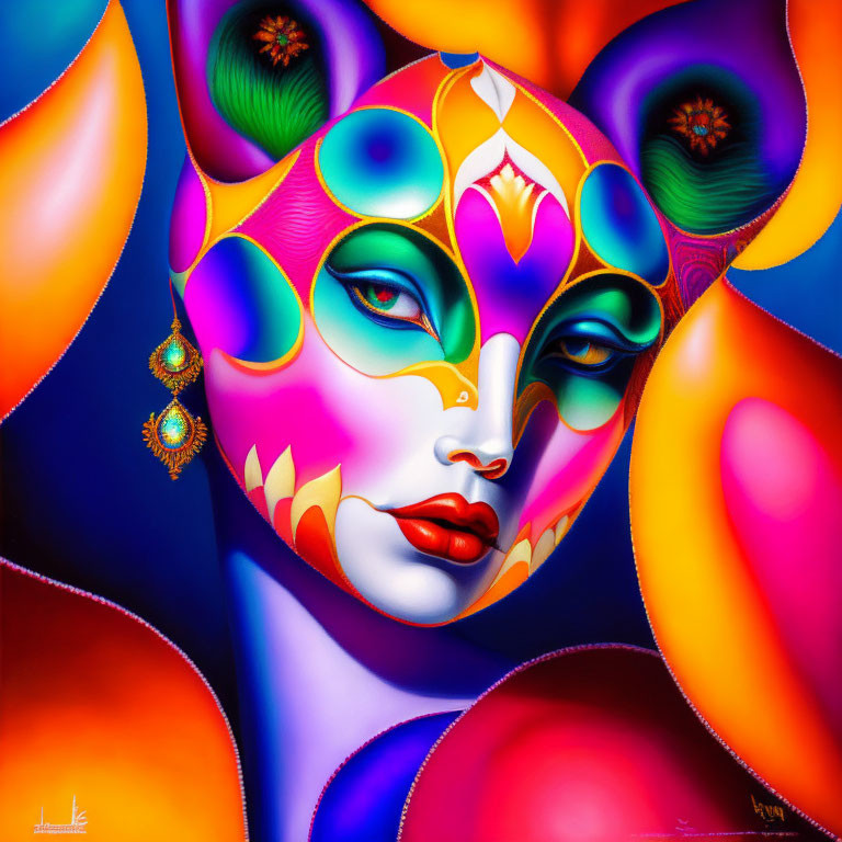 Colorful Digital Painting of Stylized Female Face with Carnival Mask Design on Blue Background