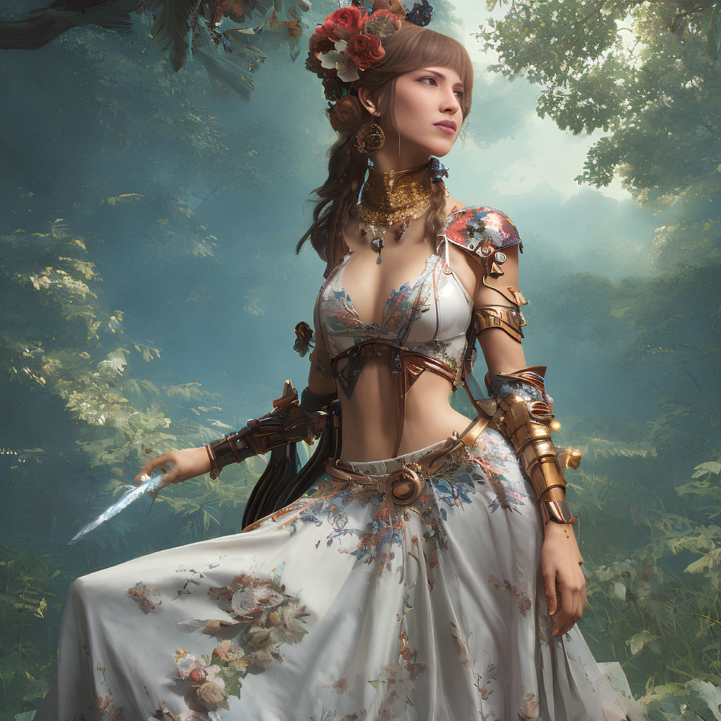 Fantasy woman in floral costume with blue dagger in misty forest