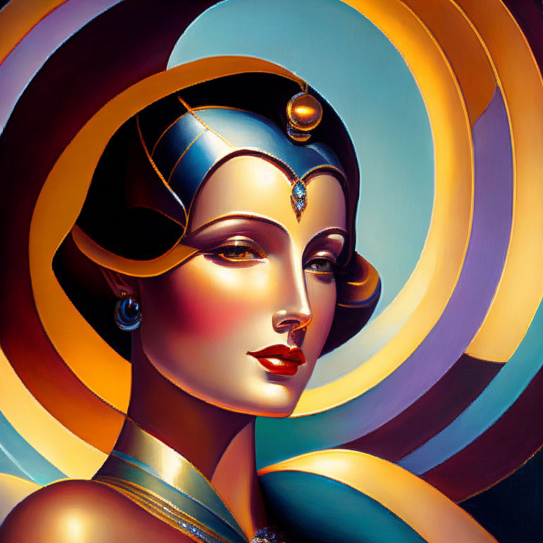 Art Deco Woman Illustration with Geometric Shapes in Blue, Gold, and Cream