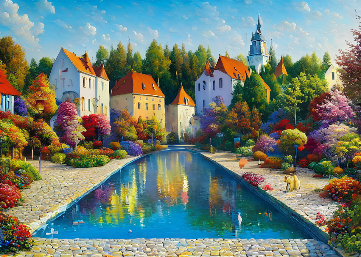 Colorful village painting with flora, cobblestone path, canal, houses, and church tower