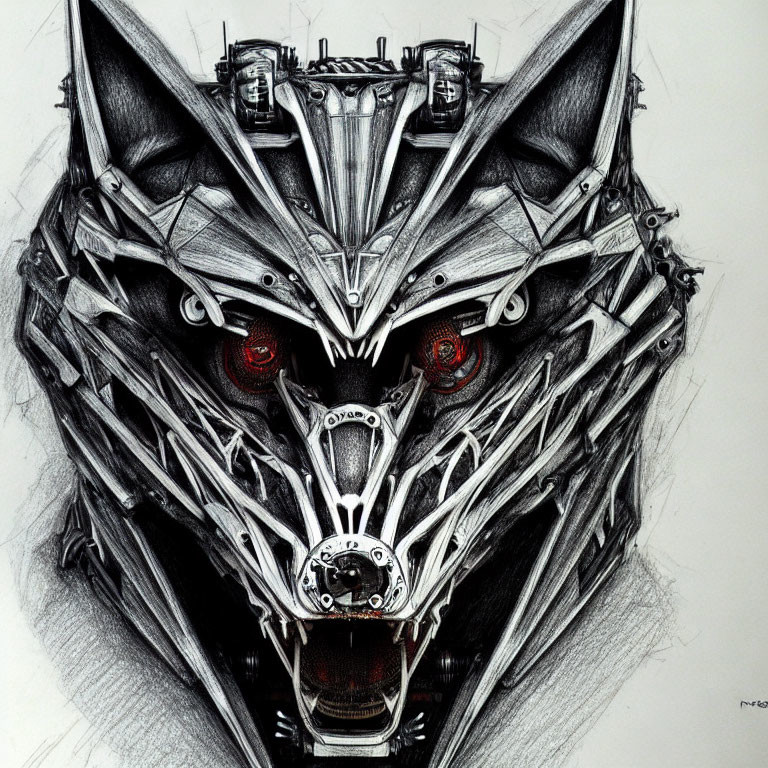 Detailed pencil drawing of a wolf with mechanical parts and red eyes blending organic and cybernetic elements in