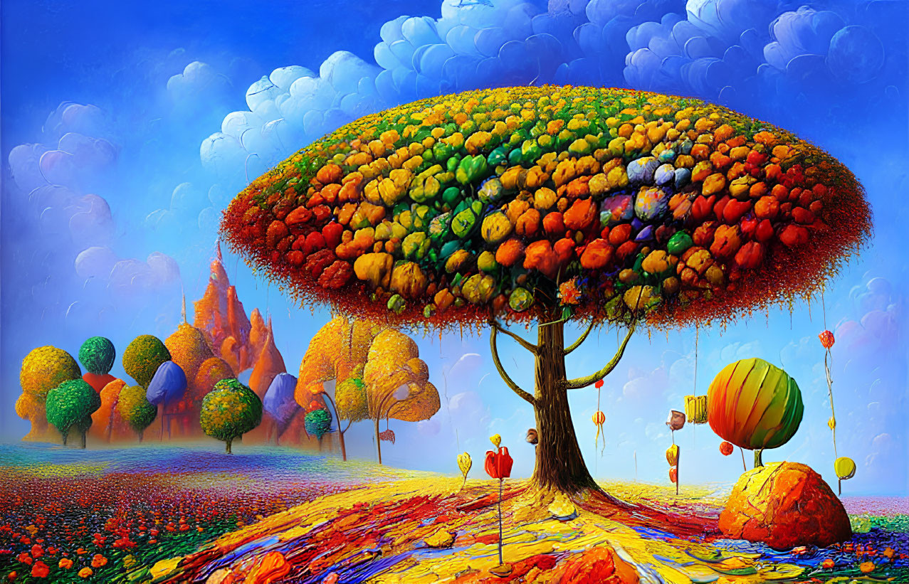 Colorful tree with mushroom-like canopy in whimsical landscape