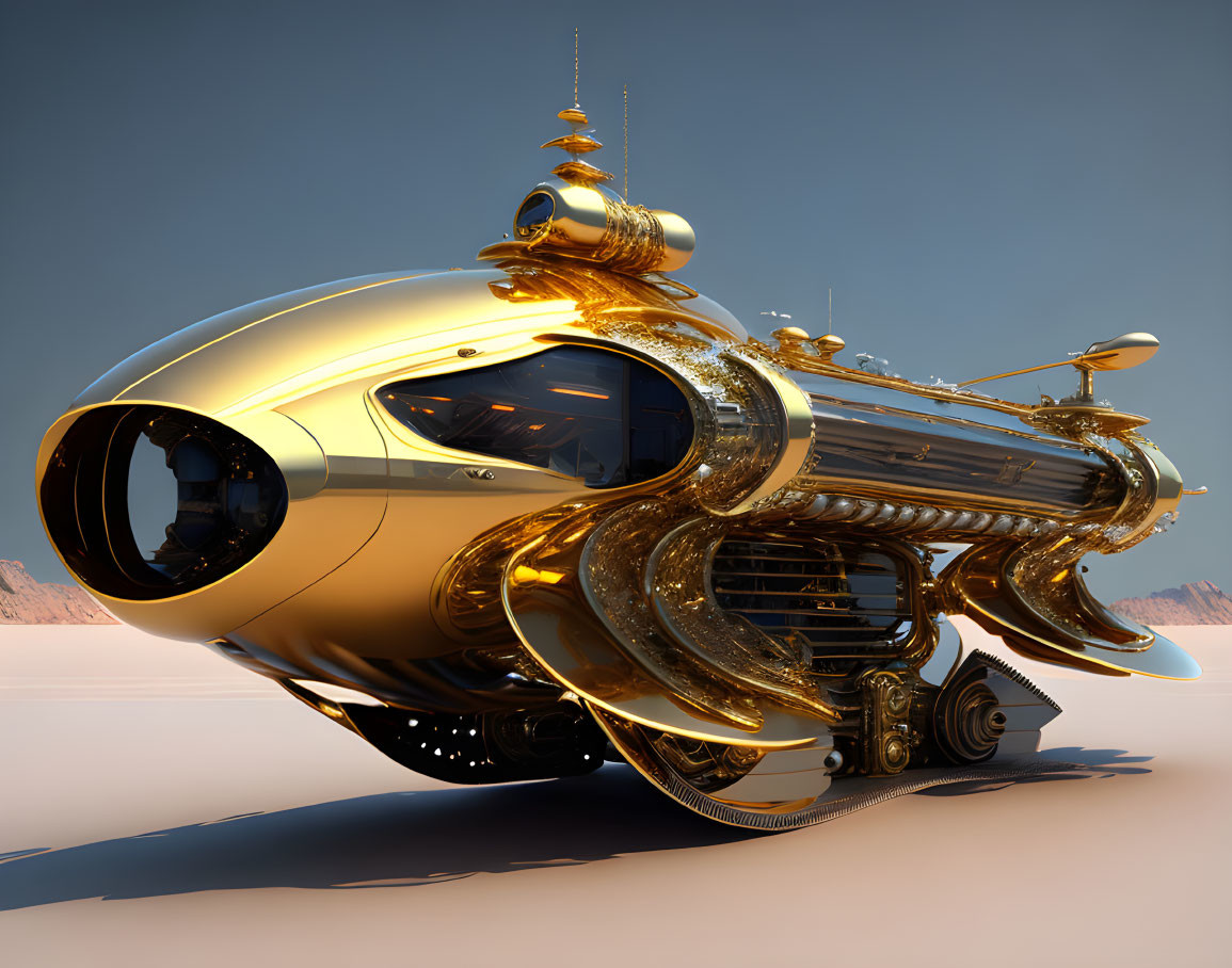 Golden airship with intricate designs in desert setting