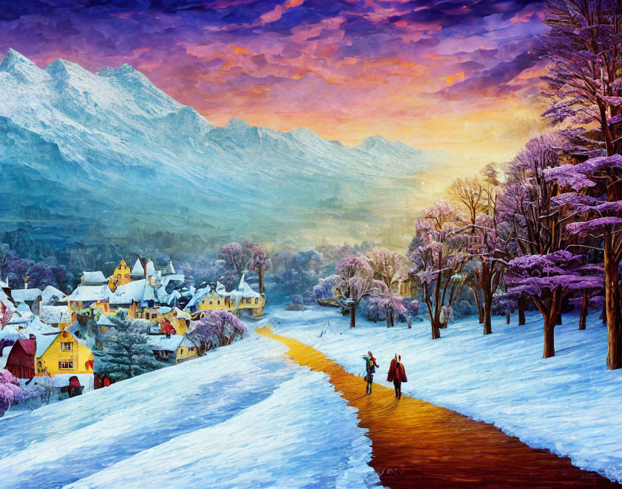 Snowy village painting: vibrant dusk scene with purple trees, couple walking, and majestic mountains.