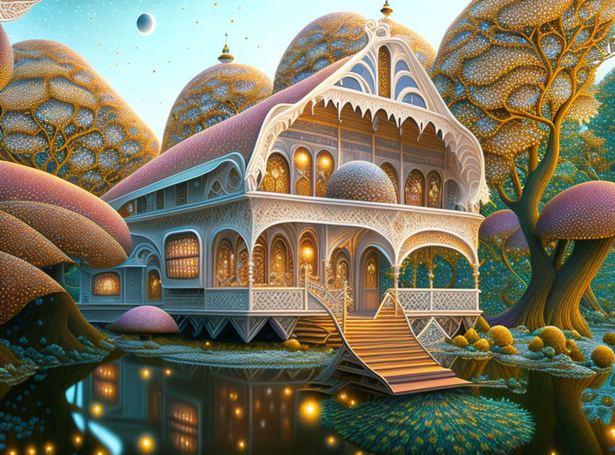 Ornate fantasy house with whimsical trees under starry sky