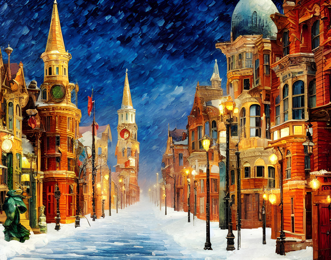 Victorian-style buildings on snow-covered street with glowing streetlamps at night