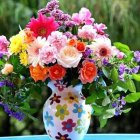 Colorful Mixed Flowers Bouquet in Pink, Red, and Purple in Blue Vase