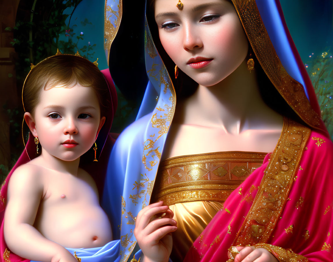 Digital artwork of woman in traditional Indian attire with child, vibrant colors & intricate details