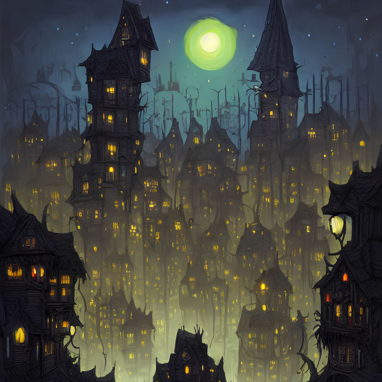 Dark Gothic Village Illustration Under Green Night Sky