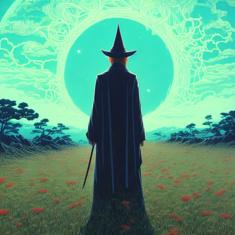 Wizard in mystical field facing glowing portal under starry sky