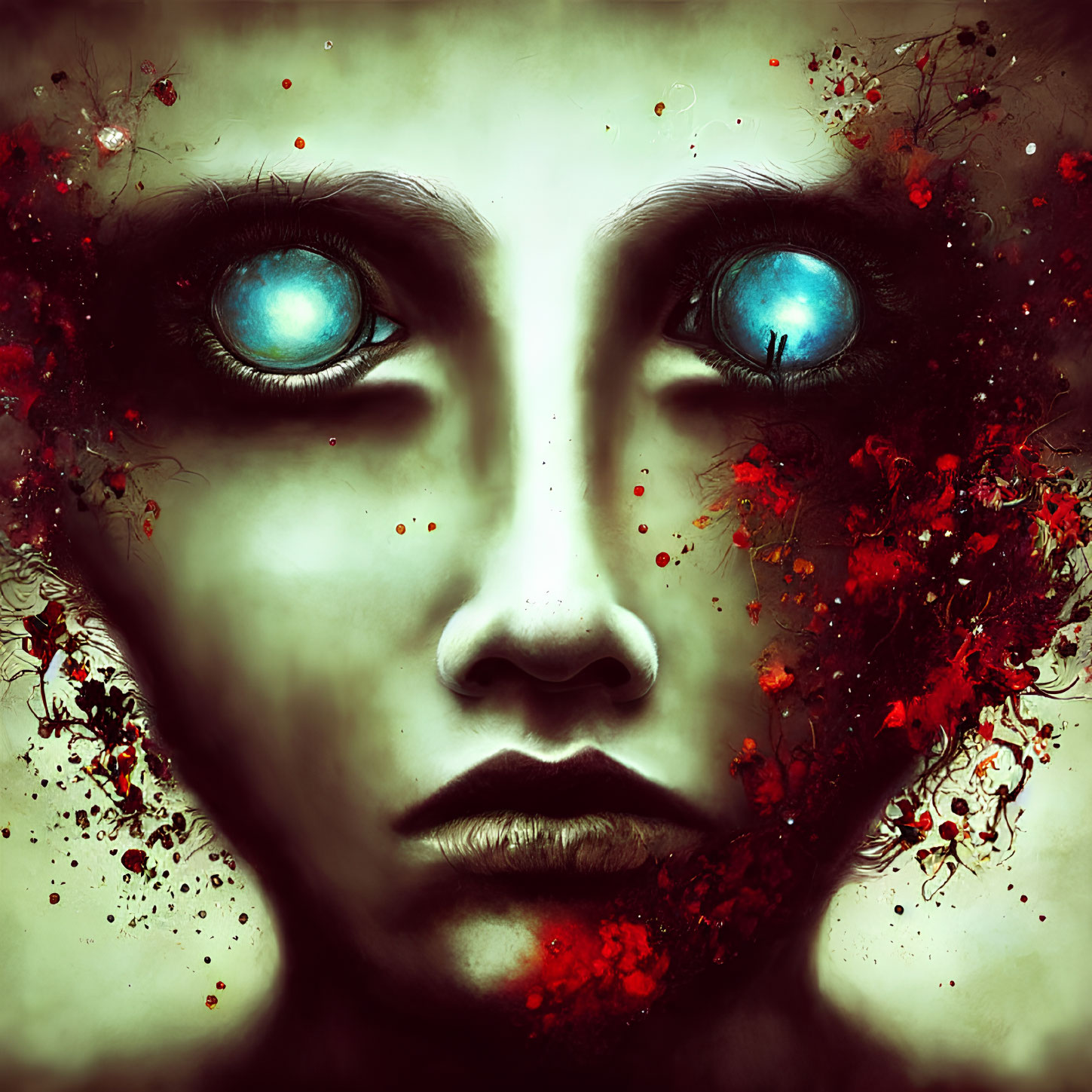 Artistic image of face with blue eyes and red splatters on dark background