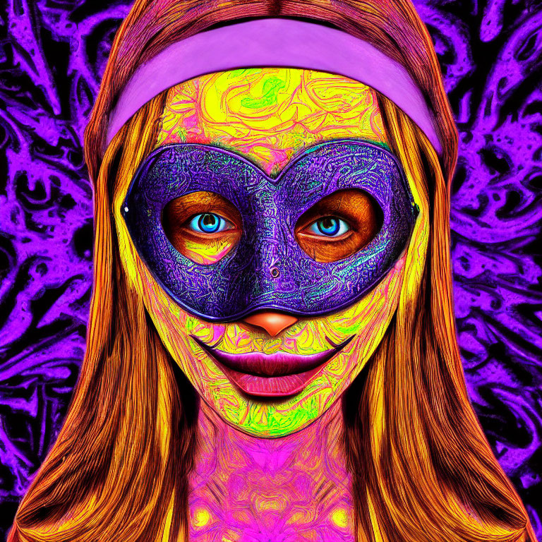 Colorful Psychedelic Portrait with Textured Mask on Purple Background