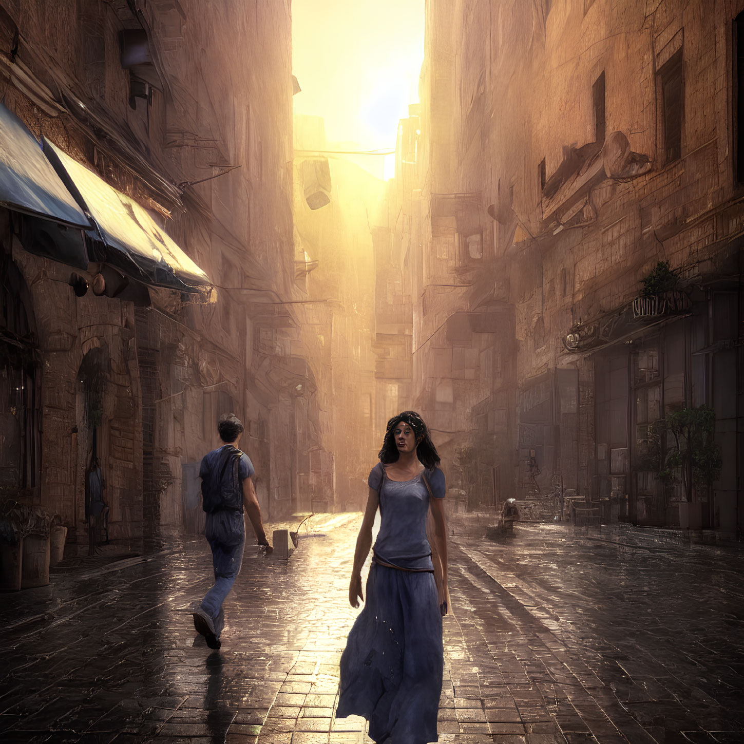 Woman in blue dress in sunlit alley with man walking away among old buildings.