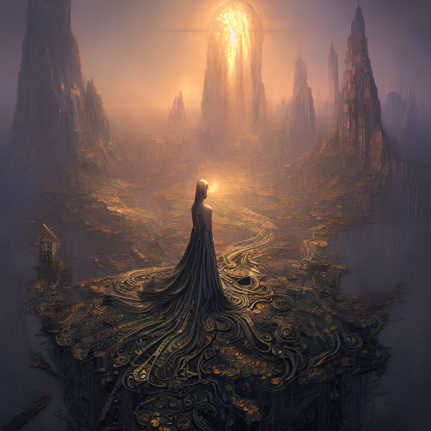 Mysterious Figure in Ethereal Landscape with Golden Spire