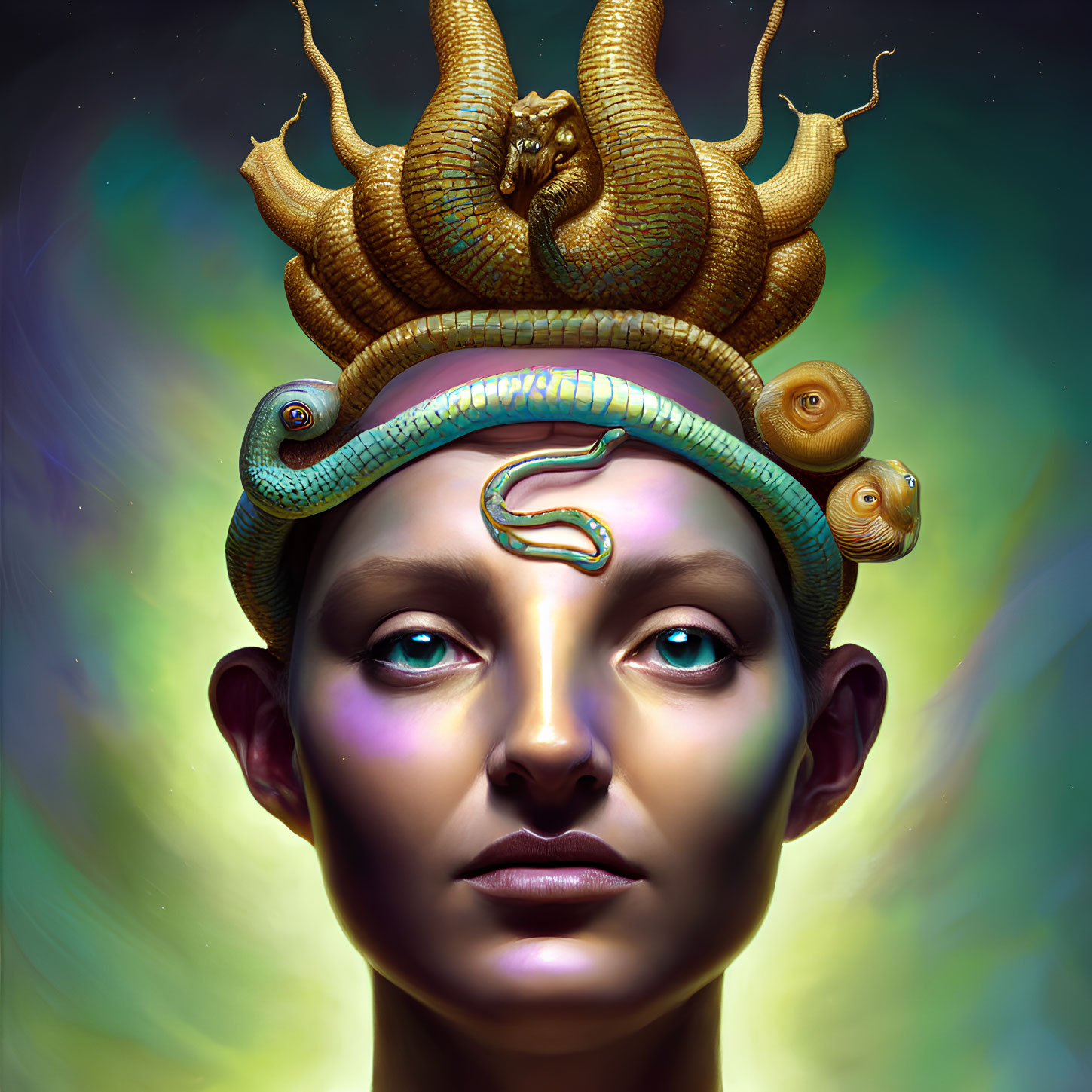 Solemn person in fantastical headdress with golden serpents and snails on lumines