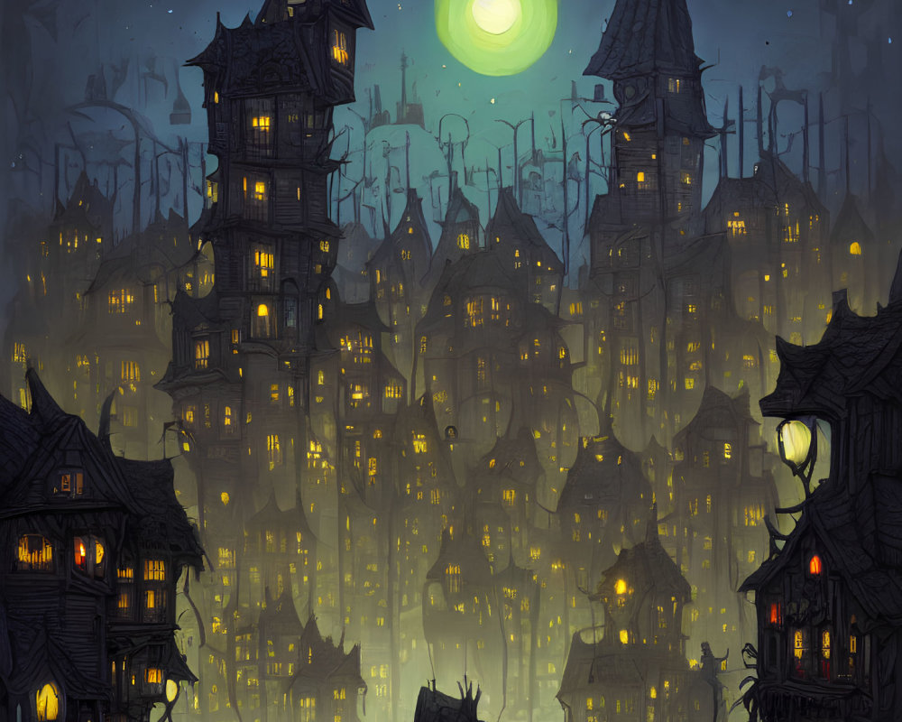 Dark Gothic Village Illustration Under Green Night Sky
