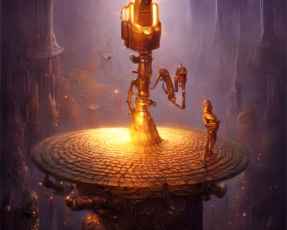 Ornate glowing robotic figure reaching out to humanoid robot in mystical environment