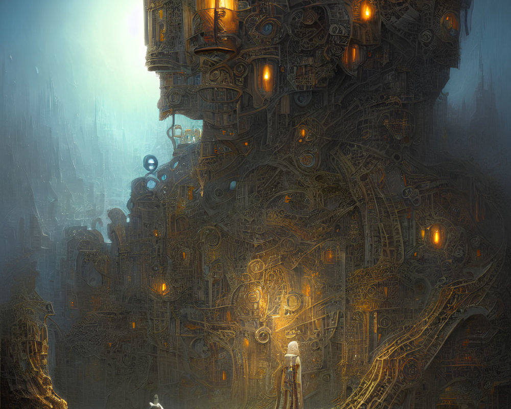 Mystical steampunk city with glowing lanterns and robed figures