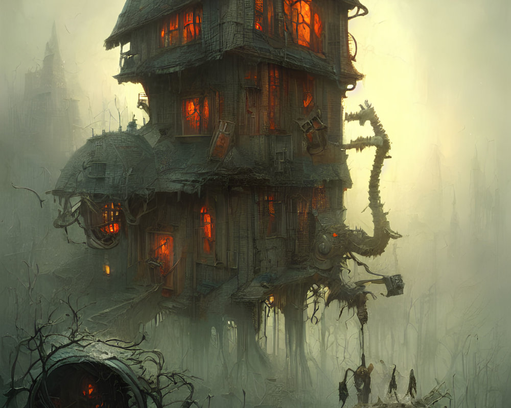 Spooky multi-story wooden house in foggy swamp with red windows