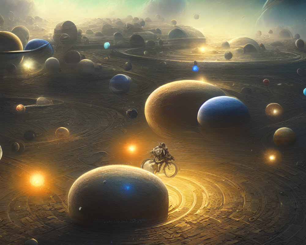 Motorcyclist on cosmic pathway among planets and stars