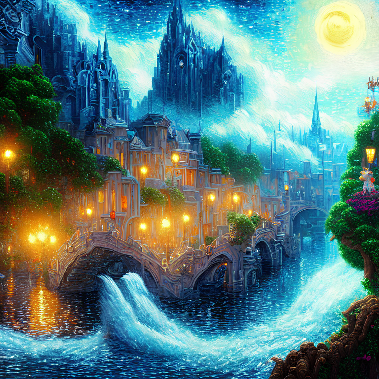 Vibrant fantasy cityscape with illuminated buildings, stone bridge, river, starry sky, yellow