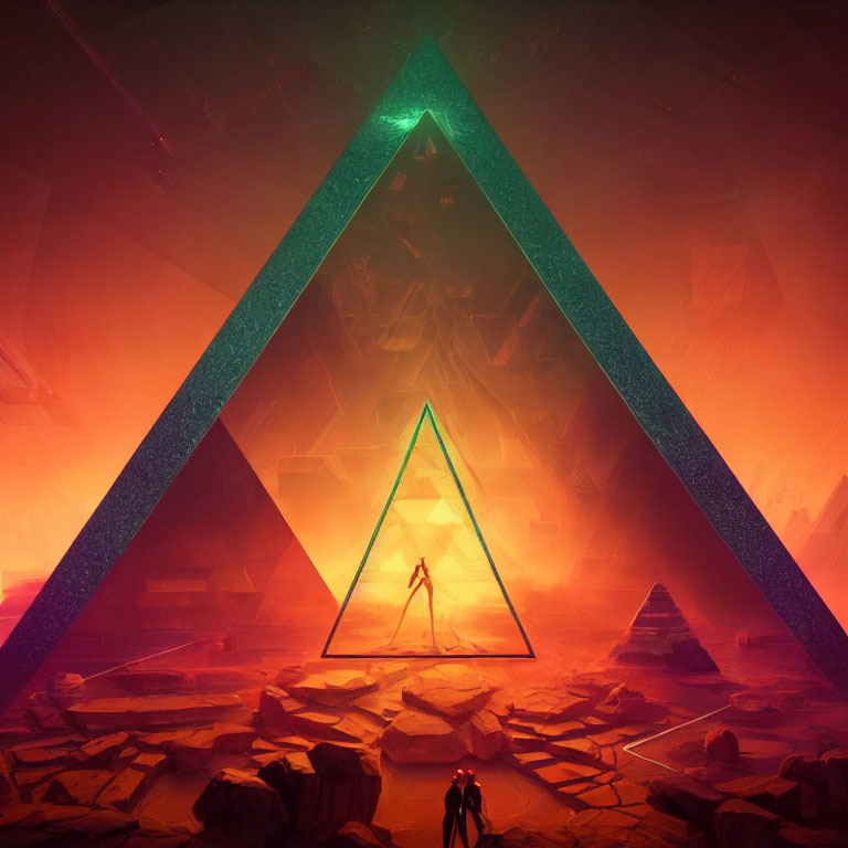 Surreal artwork with glowing triangular portal and pyramid landscape