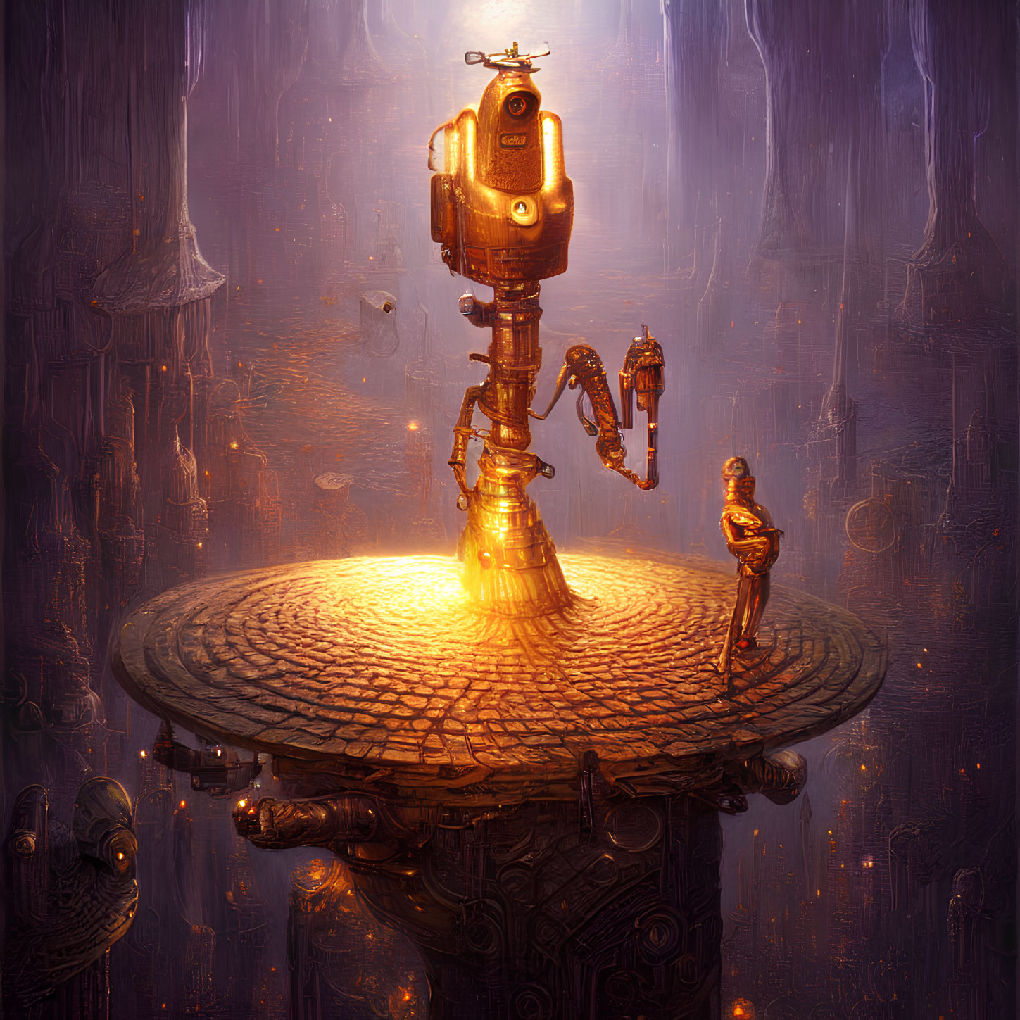 Ornate glowing robotic figure reaching out to humanoid robot in mystical environment