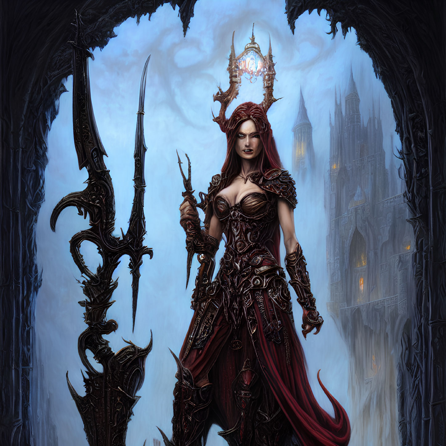 Red-Haired Warrior Woman in Ornate Armor Holding Spear and Staff in Gothic Archway