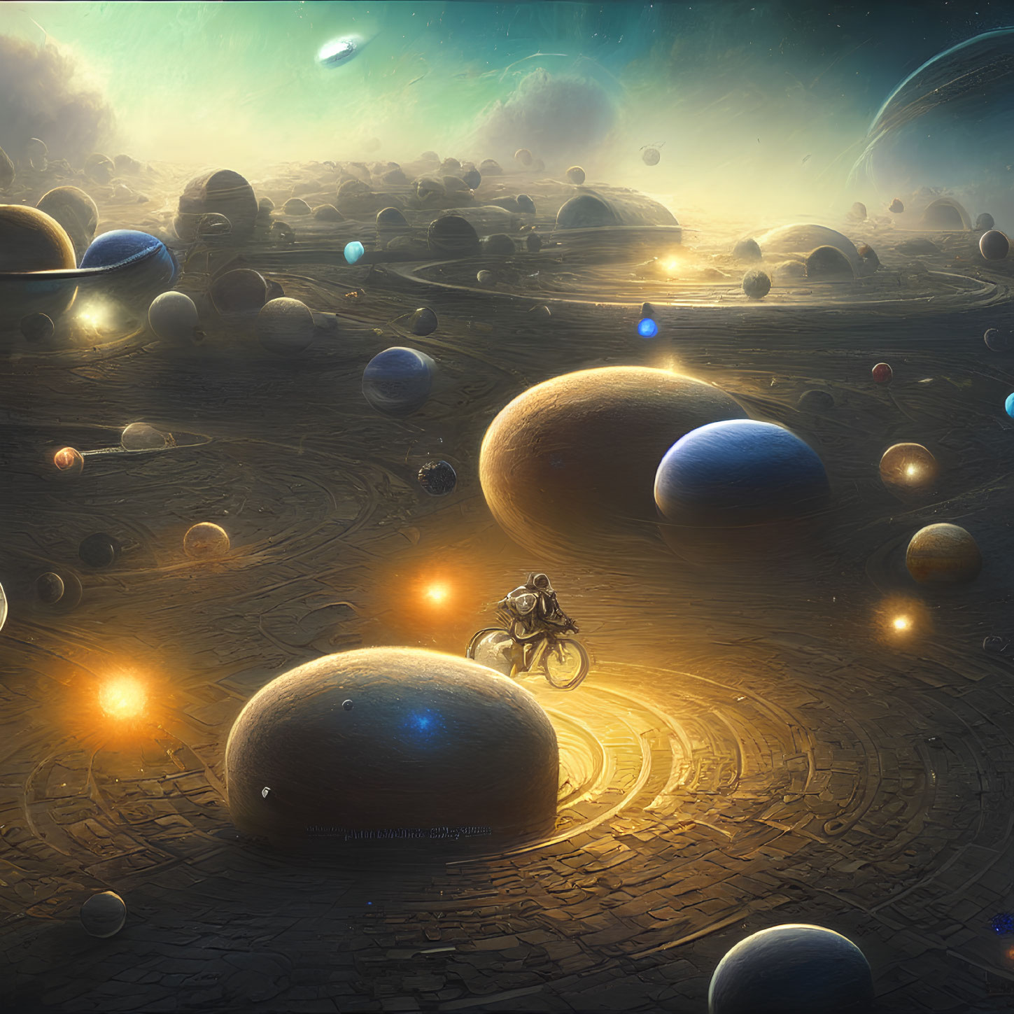Motorcyclist on cosmic pathway among planets and stars