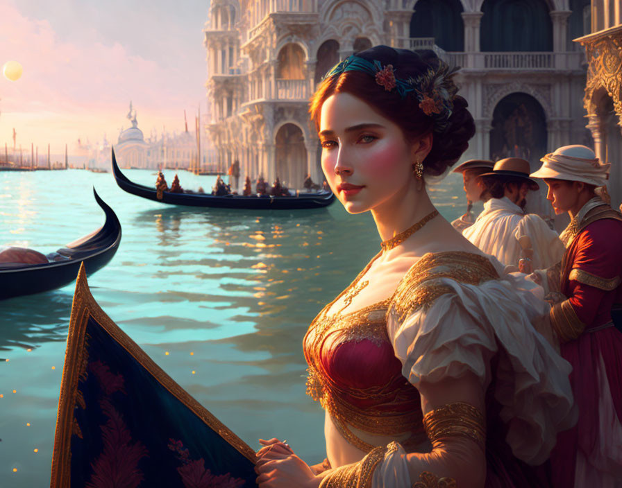 Historical dress woman at Venetian canal with gondolas & sunset