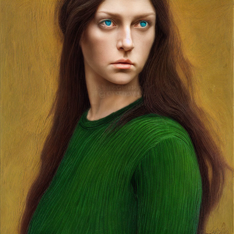 Portrait of a person with blue eyes and brown hair in green top on golden backdrop