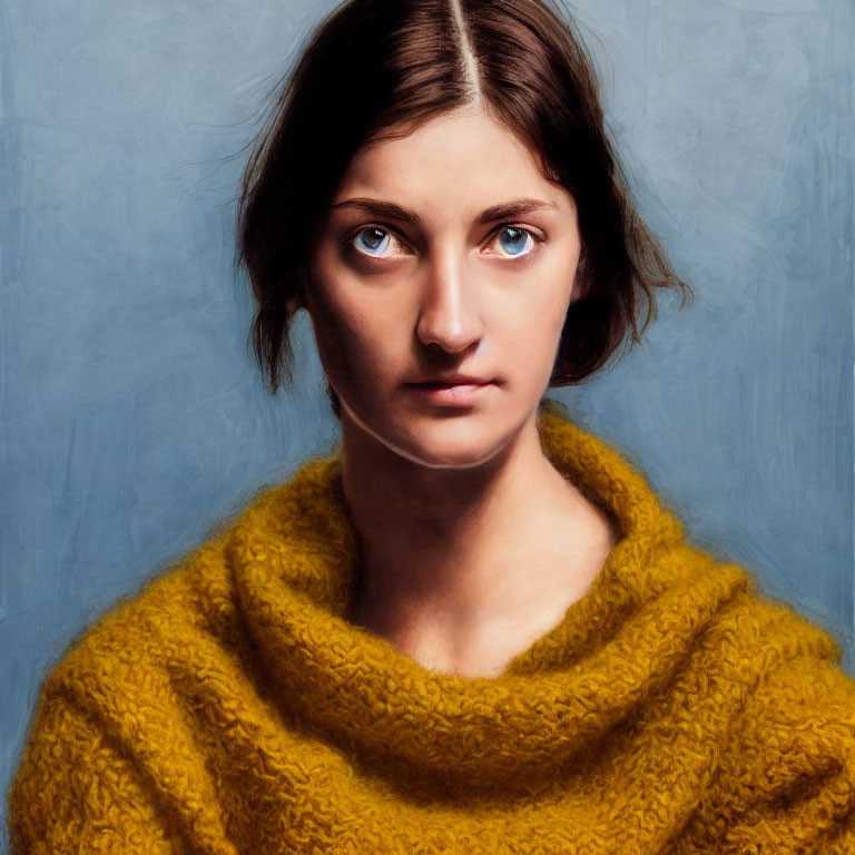 Portrait of person with piercing blue eyes and dark hair in textured yellow sweater on blue backdrop