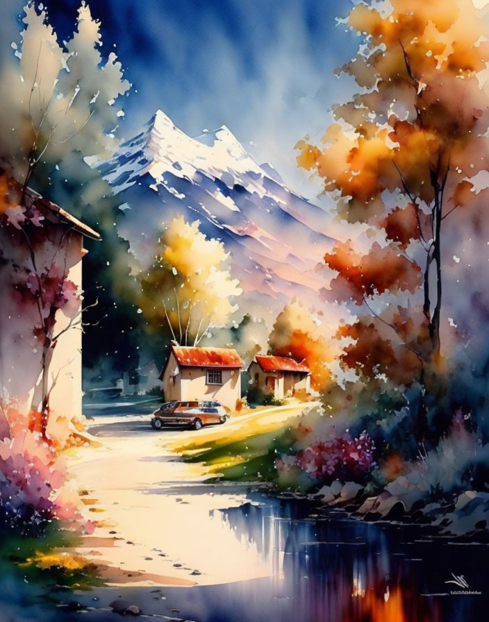 Serene village scene with snowy mountains, autumn trees, cottages, and reflective stream