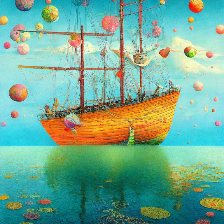 Colorful sailing ship and hot air balloons on serene waters.
