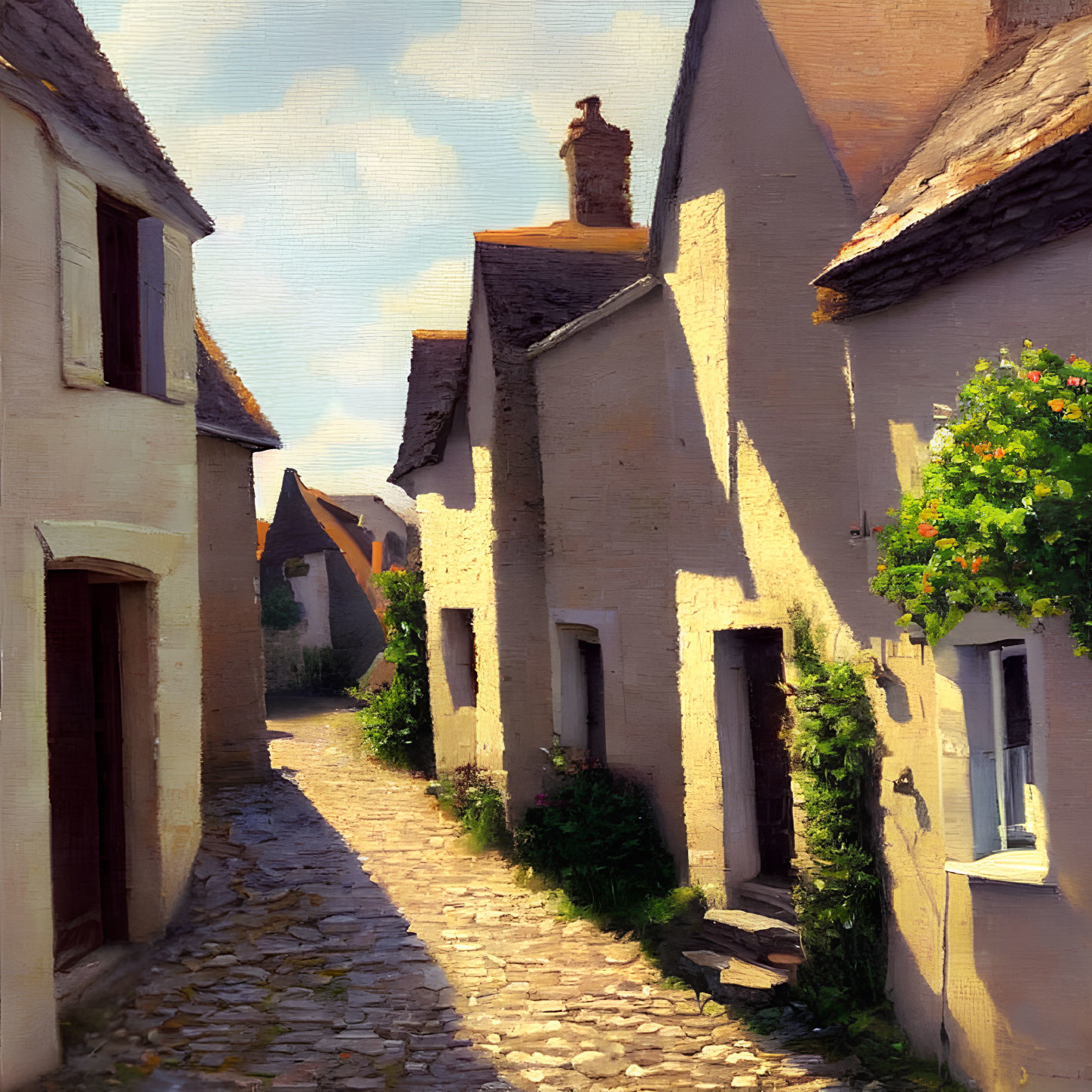 Traditional houses on sunlit cobblestone street with lush greenery